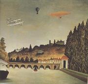 Henri Rousseau, View of the Bridge at Sevres and Saint-Cloud with Airplane,Balloon,and Dirigible